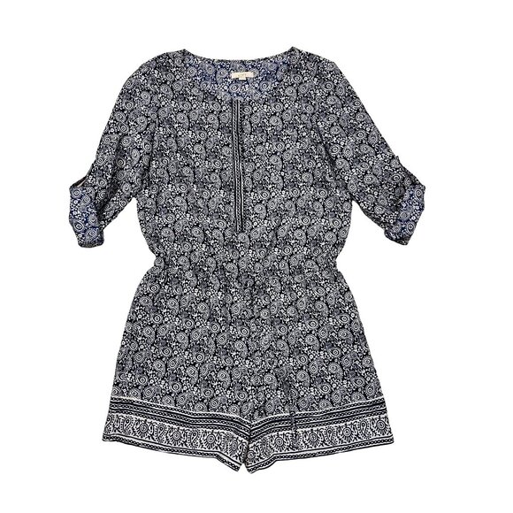 Loft Paisley Romper Blue Long Sleeve Roll Tab Hidden Button Boho Womens Sz 4 - Picture 2 of 8